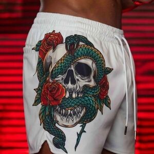YoungLA White Athletic Shorts with Skull and Snake Design